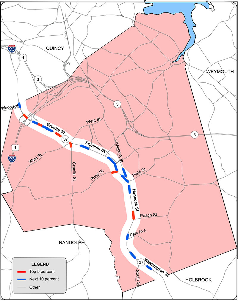 Figure 13 is a map showing the sites with excess expected fatal and injury crashes.